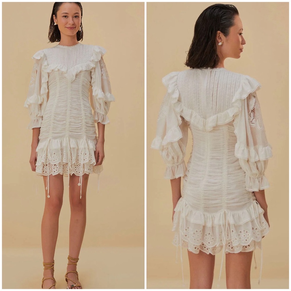 Farm Rio White Lace Cotton Mini Dress Eyelet Scalloped Victorian NWT S M - Picture 6 of 16